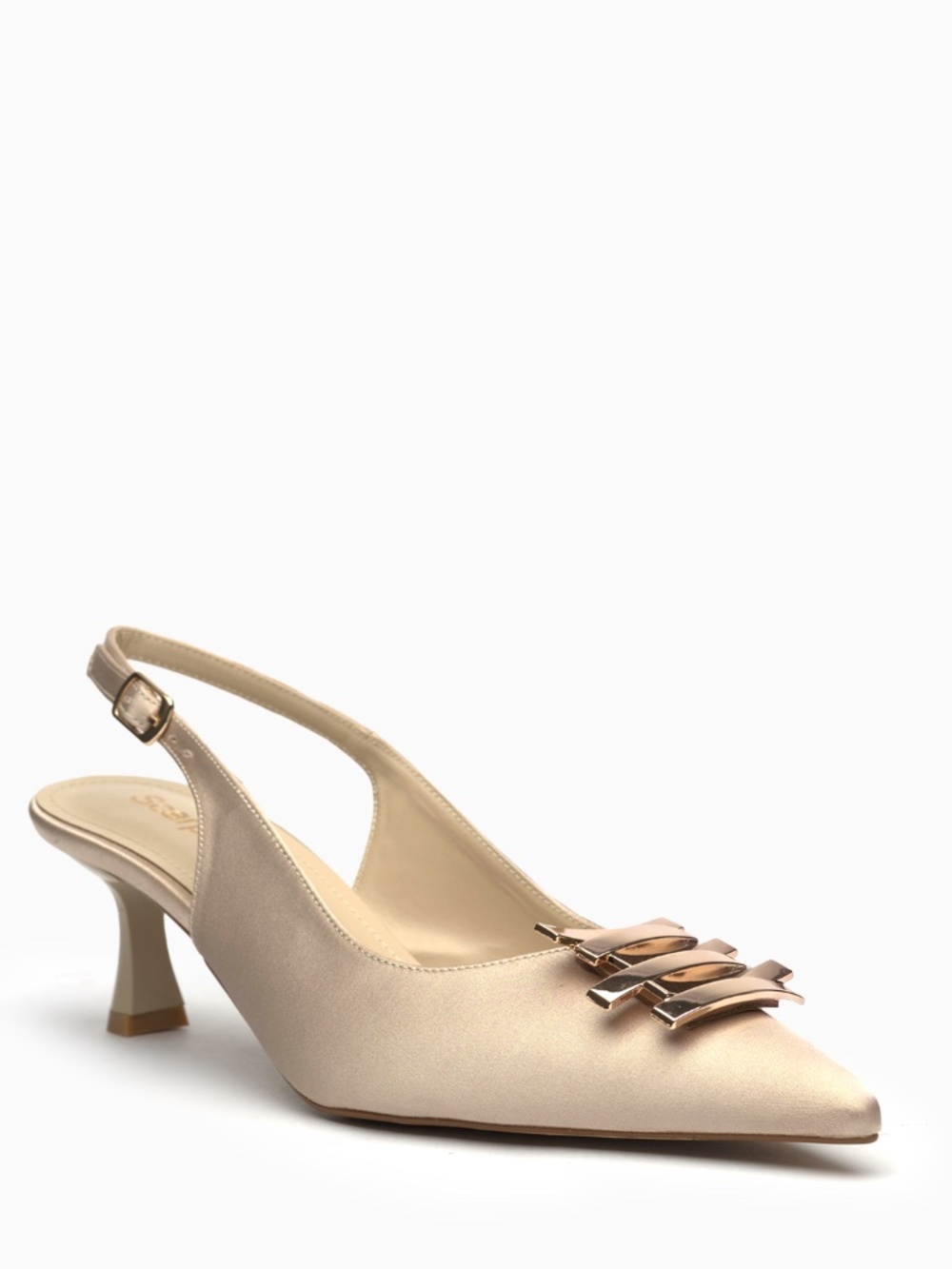 Satin Slingback Heels: Gold Chain-Link Plaque, 65mm Spool Heel